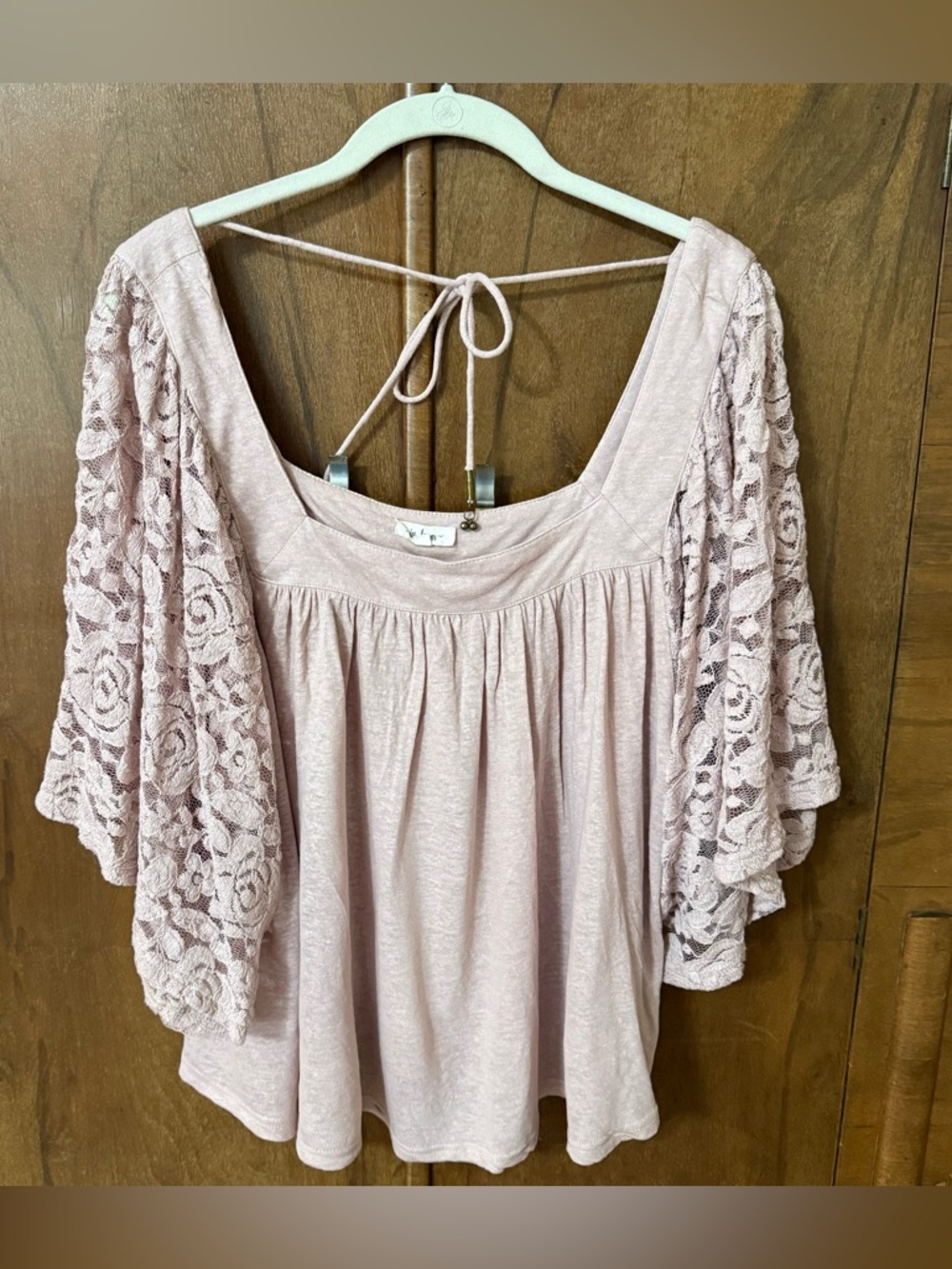 In Bloom Blouse Mauve Pink with lace 3/4 flowy sleeves  Square Neck Back Tie